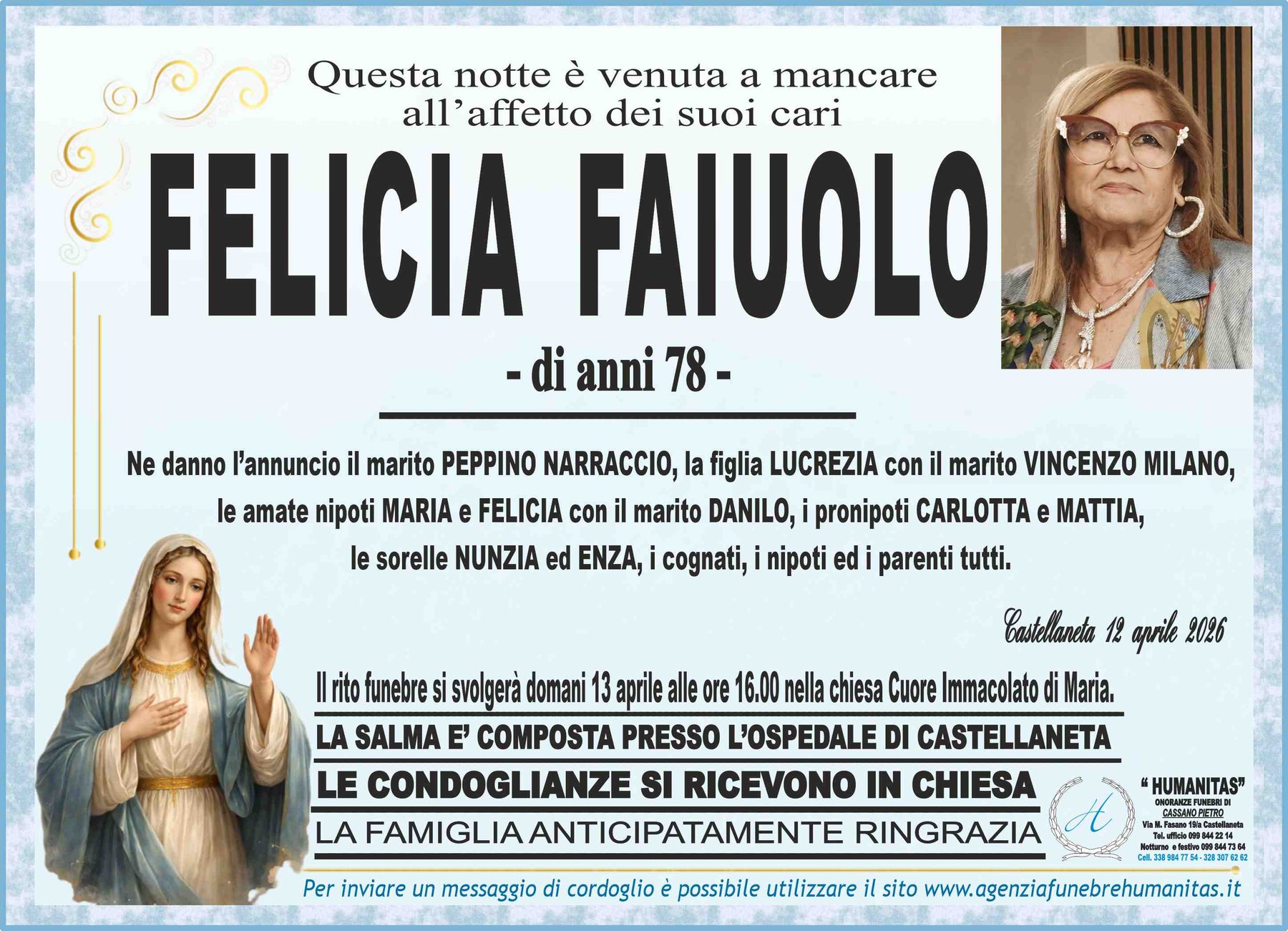 Manifesto funebre di Felicia Faiuolo