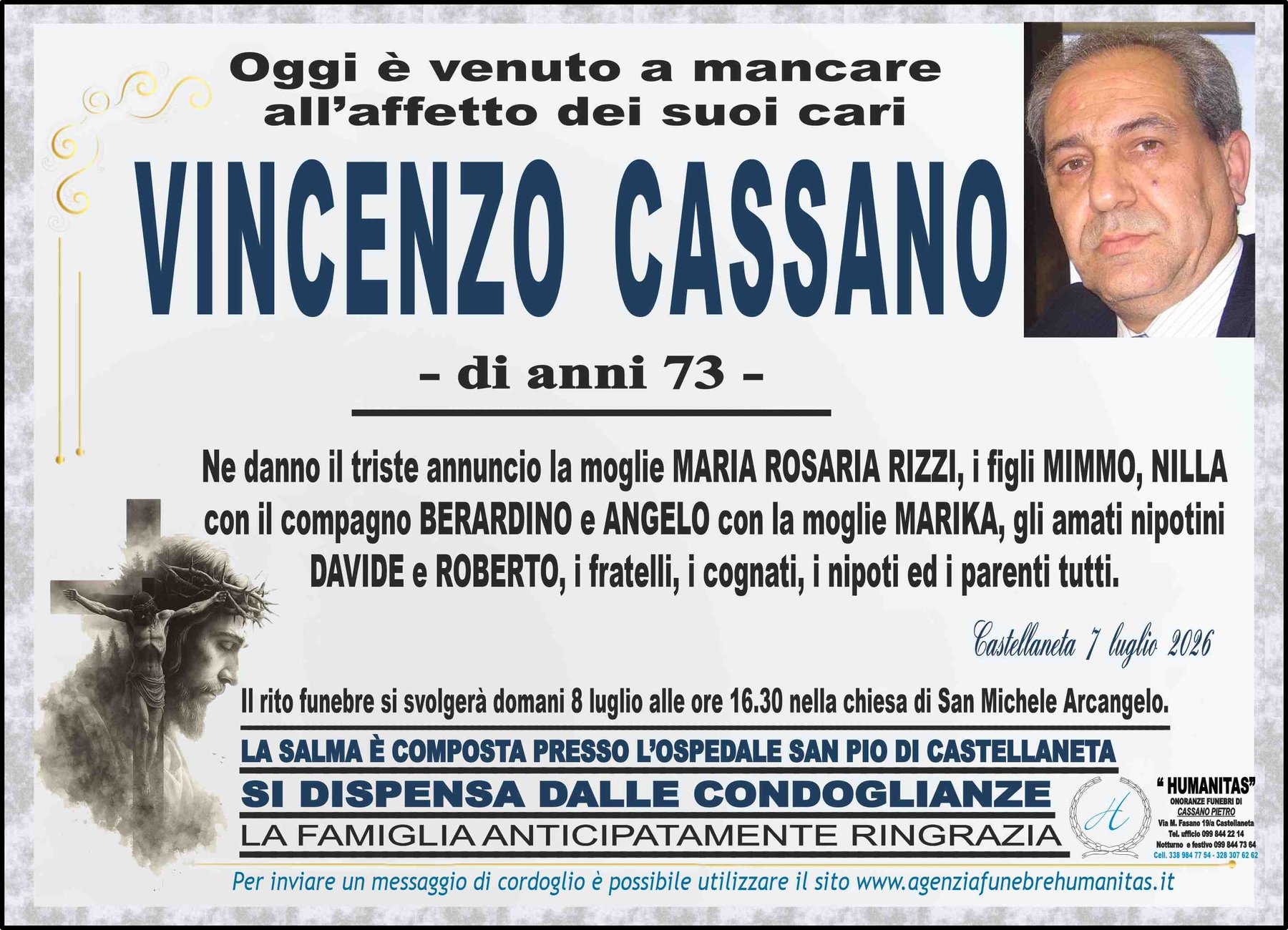 Manifesto funebre di Vincenzo Cassano