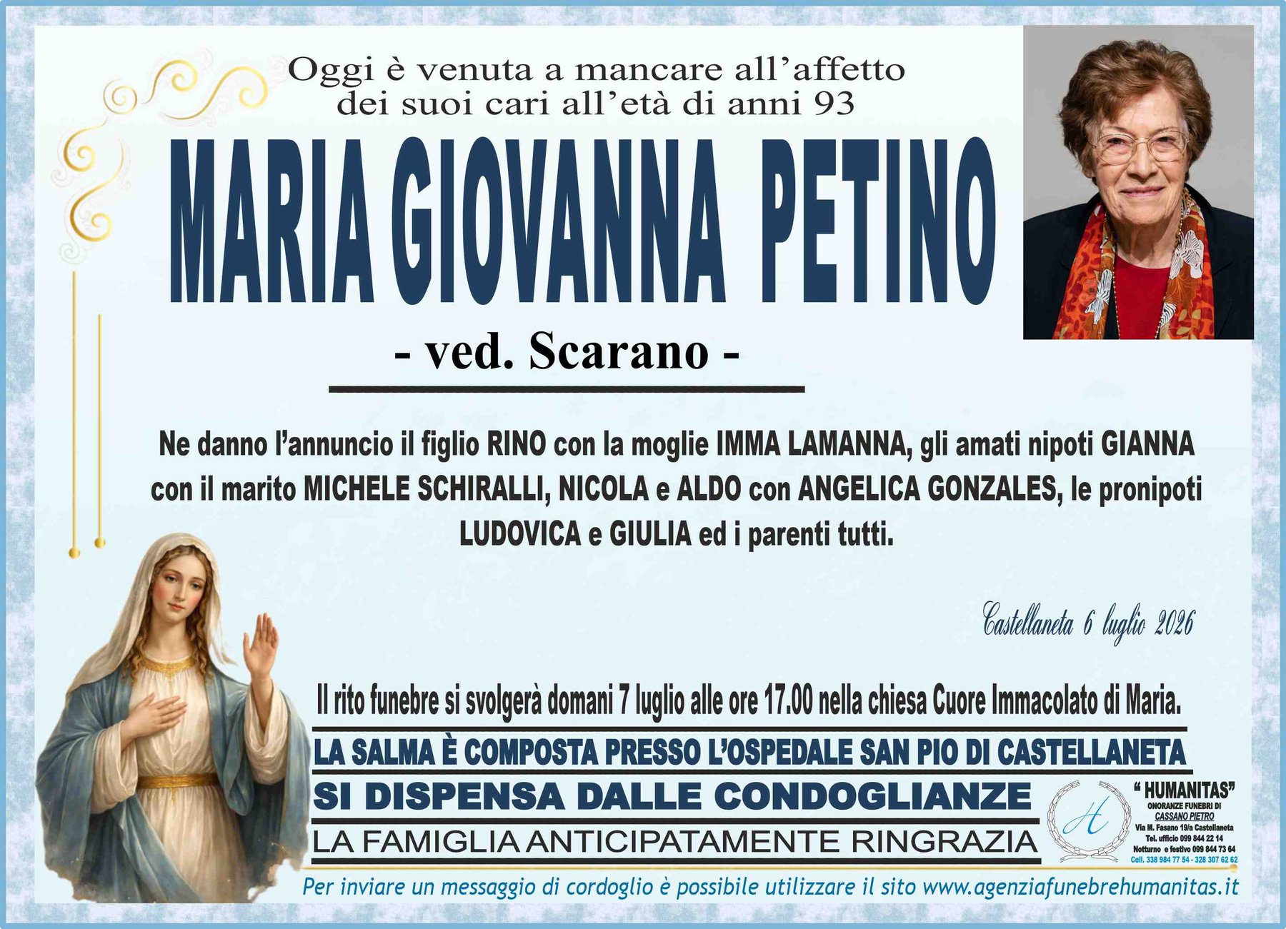 Manifesto funebre di Maria Giovanna Petino