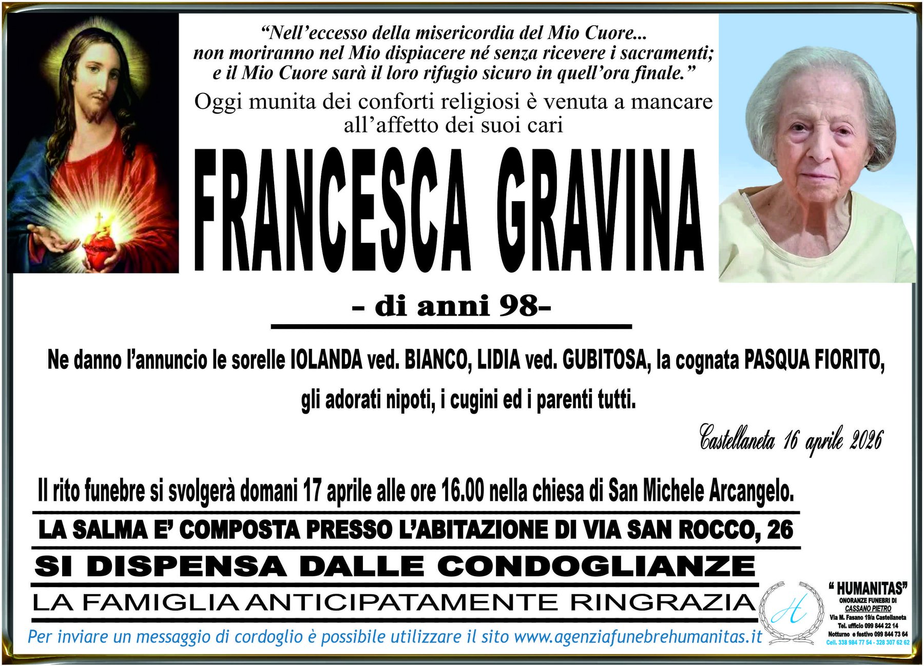 Manifesto funebre di Francesca Gravina