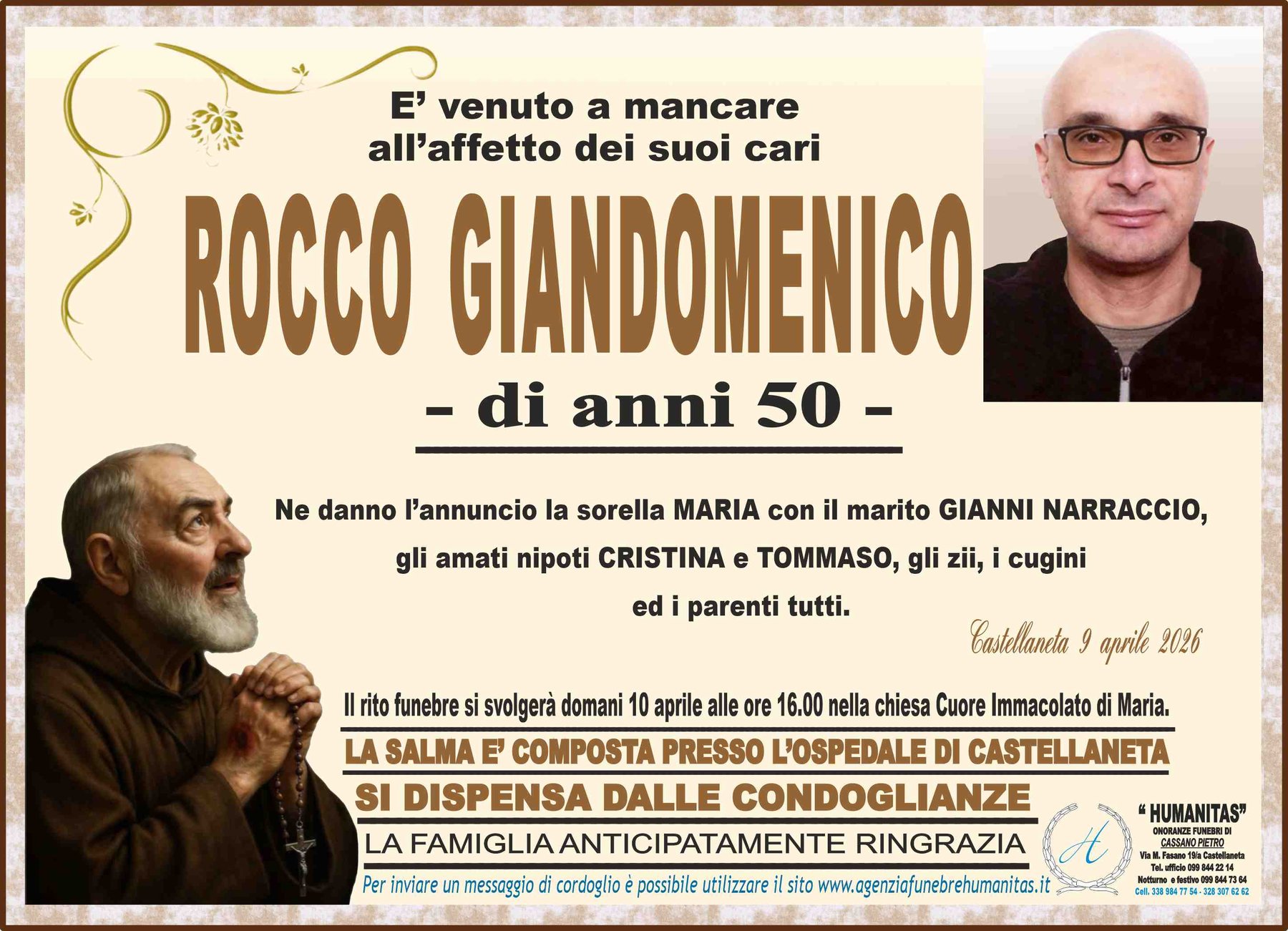 Manifesto funebre di Rocco Giandomenico