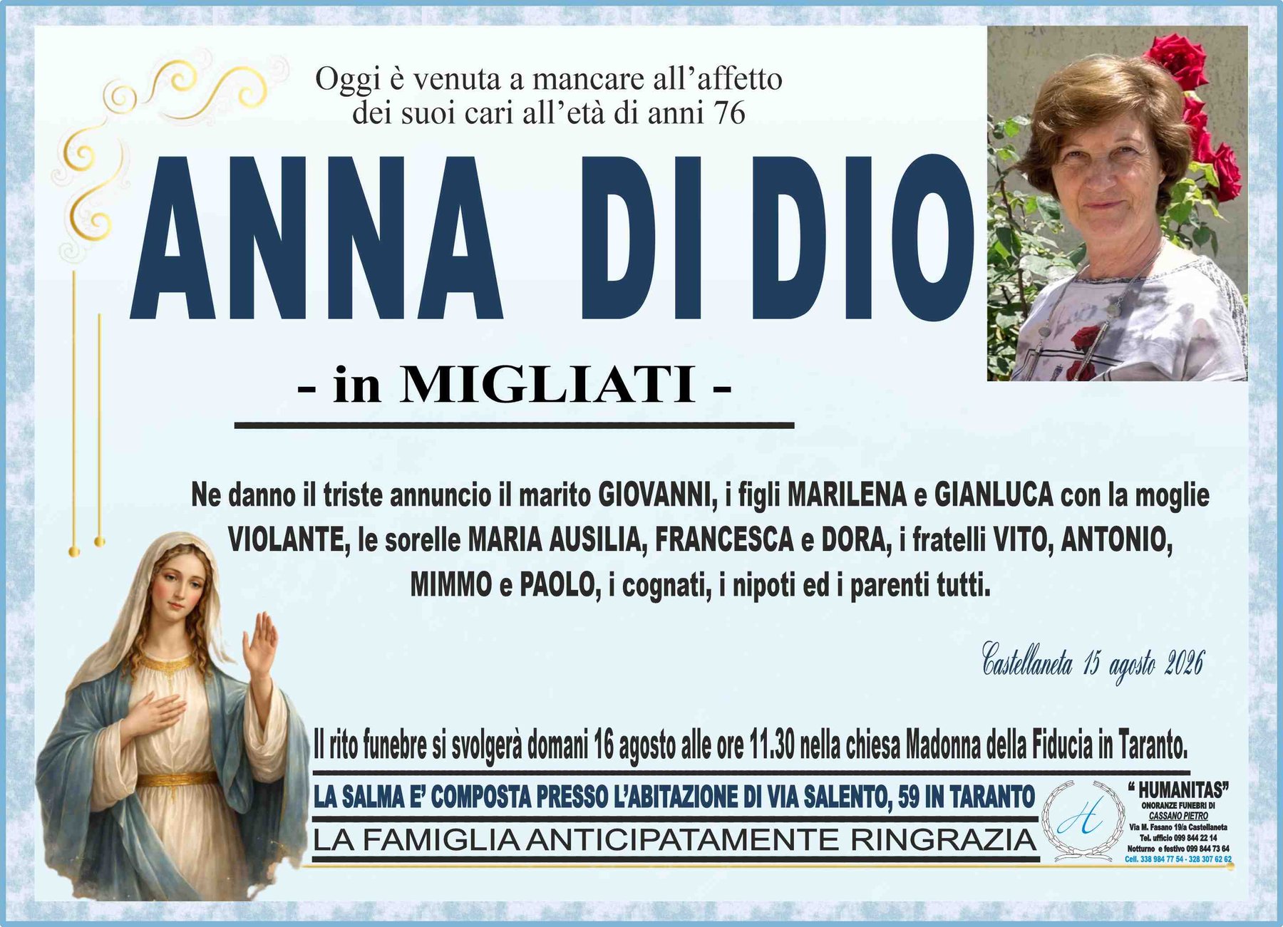 Manifesto funebre di Anna Di Dio