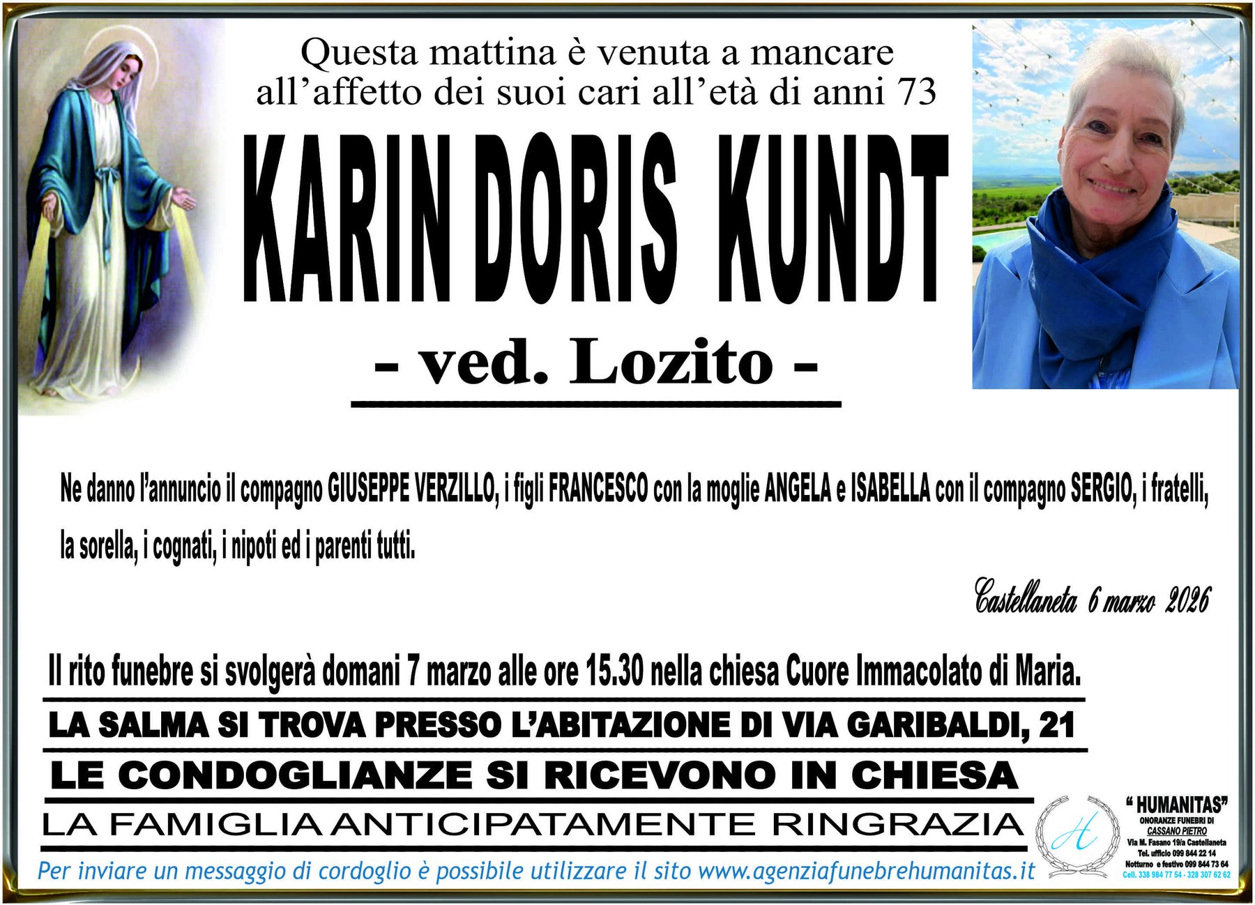 Manifesto funebre di Karin Doris Kundt