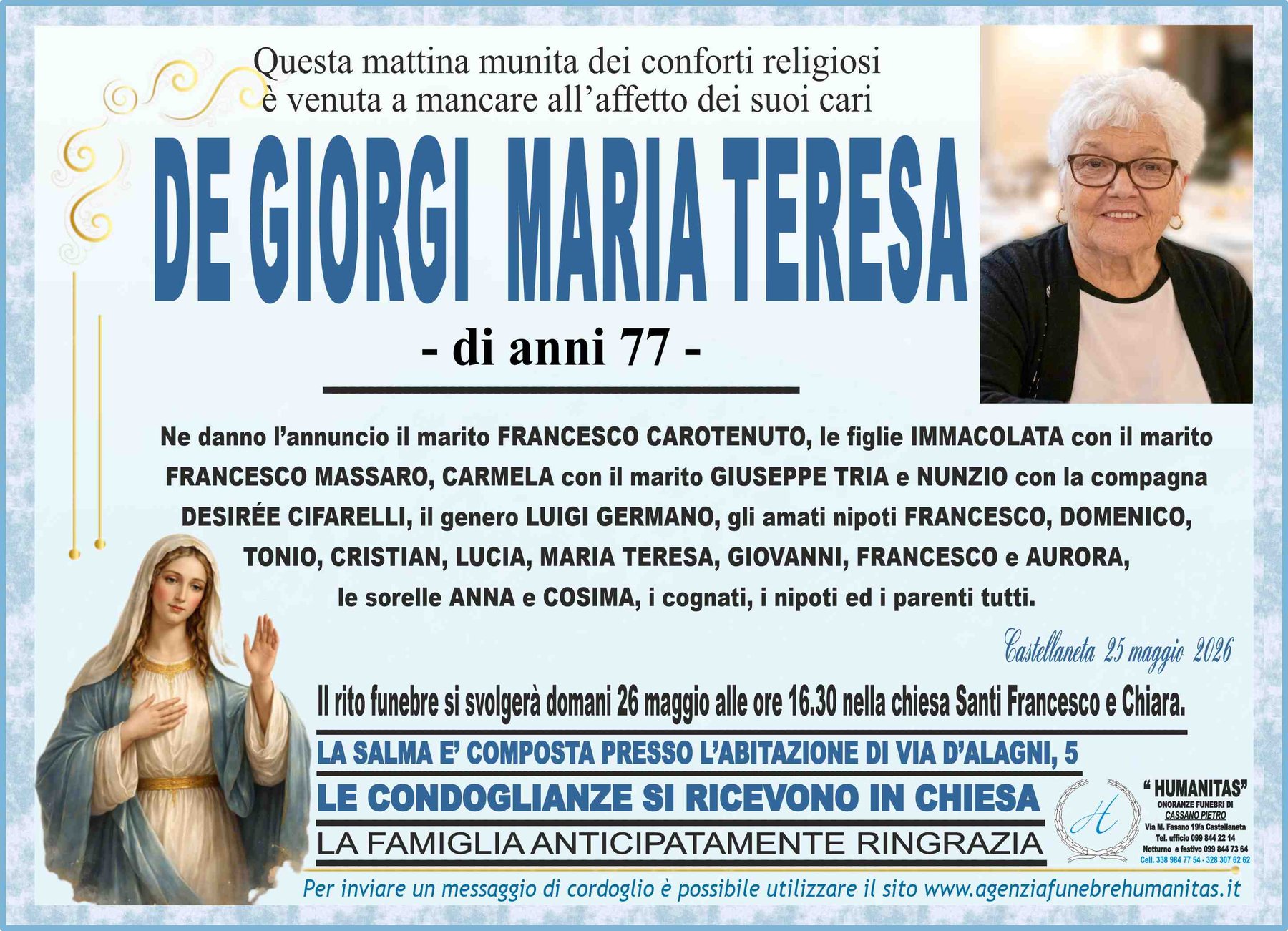 Manifesto funebre di Maria Teresa De Giorgi