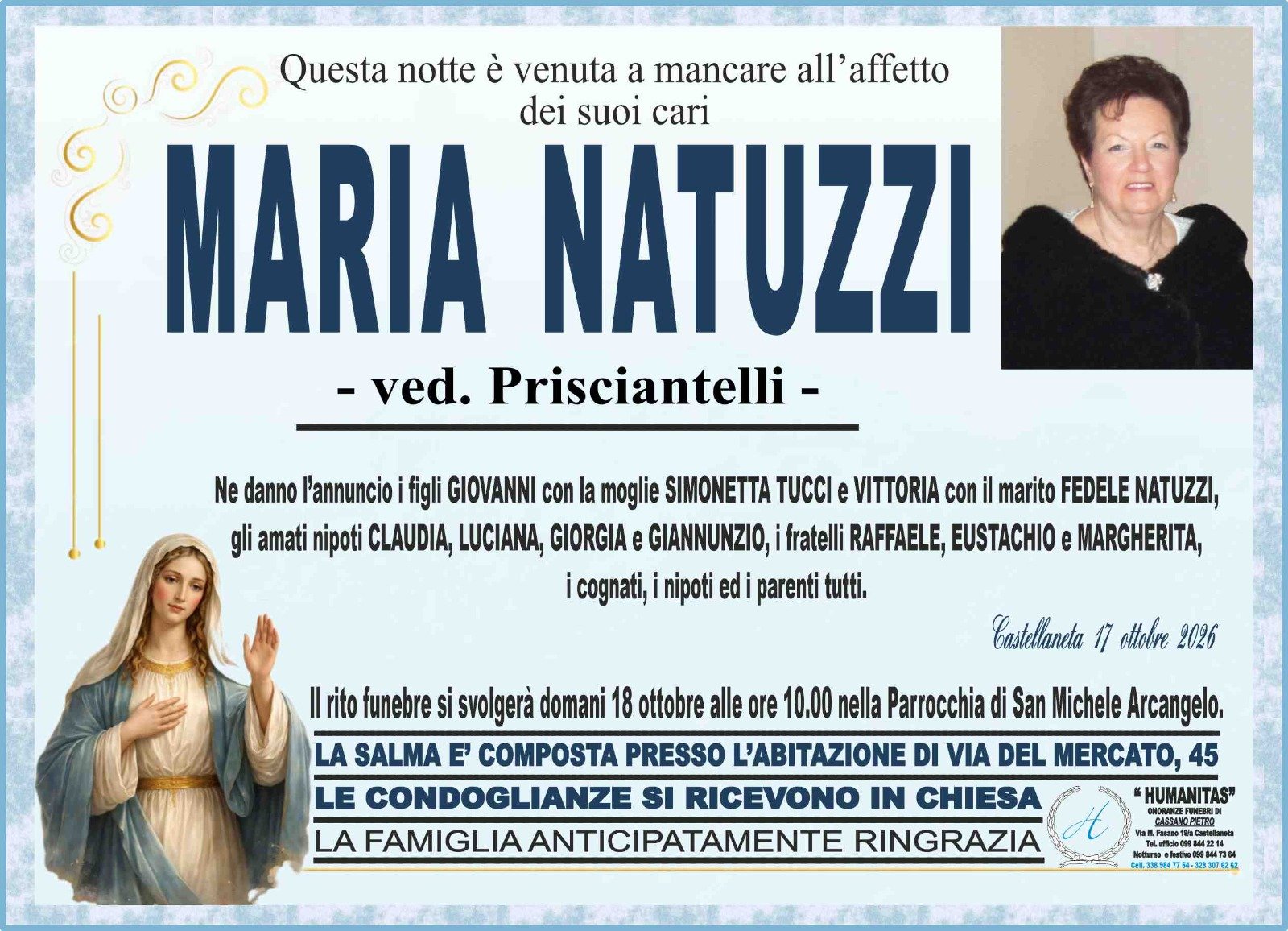 Manifesto funebre di Maria Natuzzi