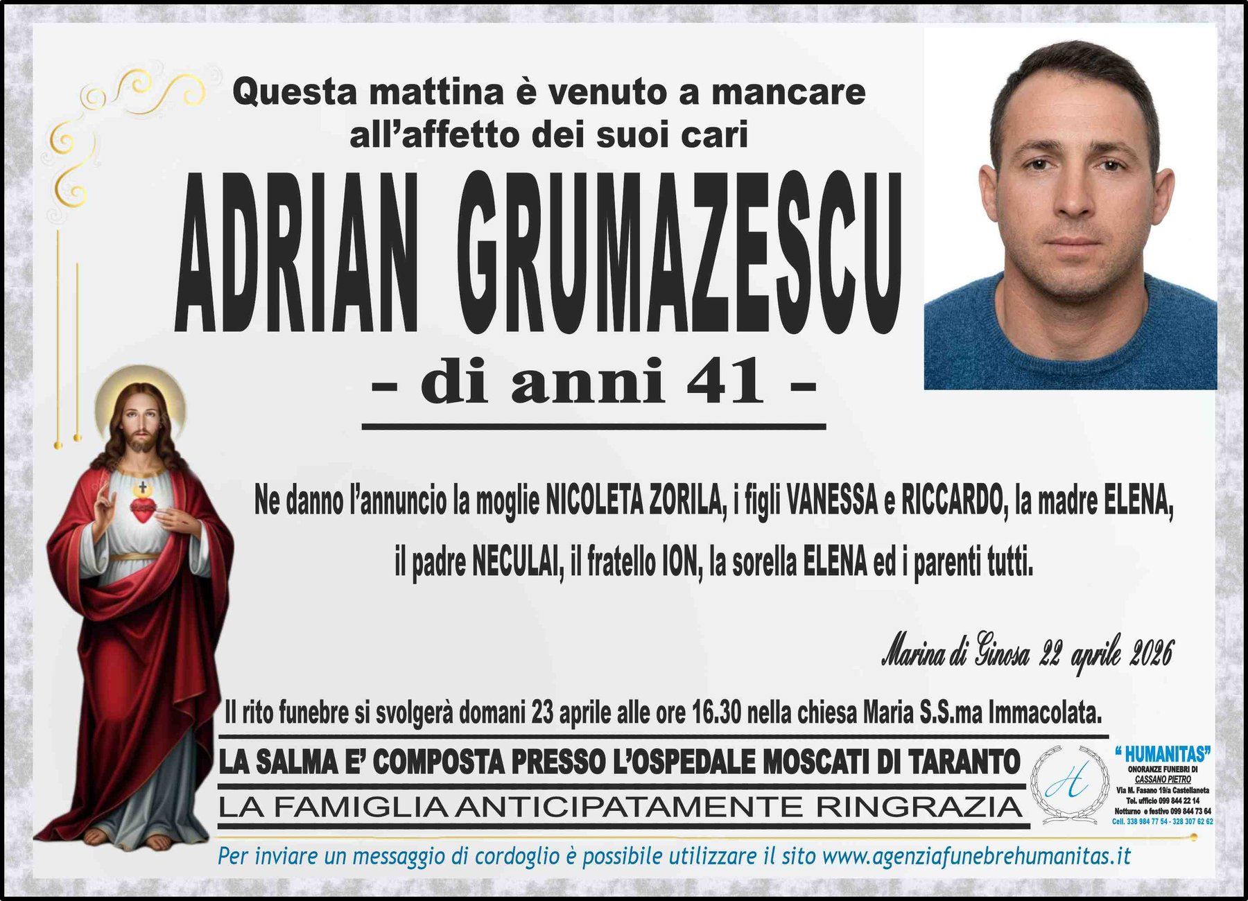 Manifesto funebre di Adrian Grumazescu