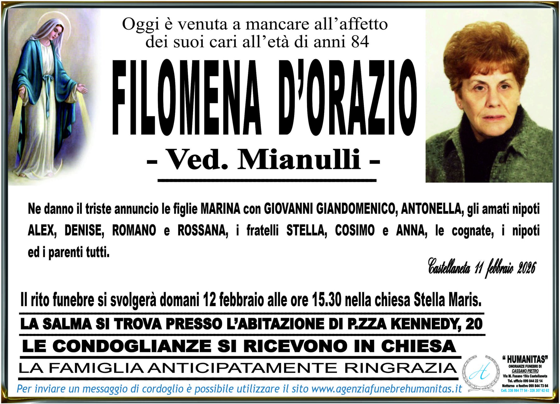 Manifesto funebre di Filomena D'Orazio