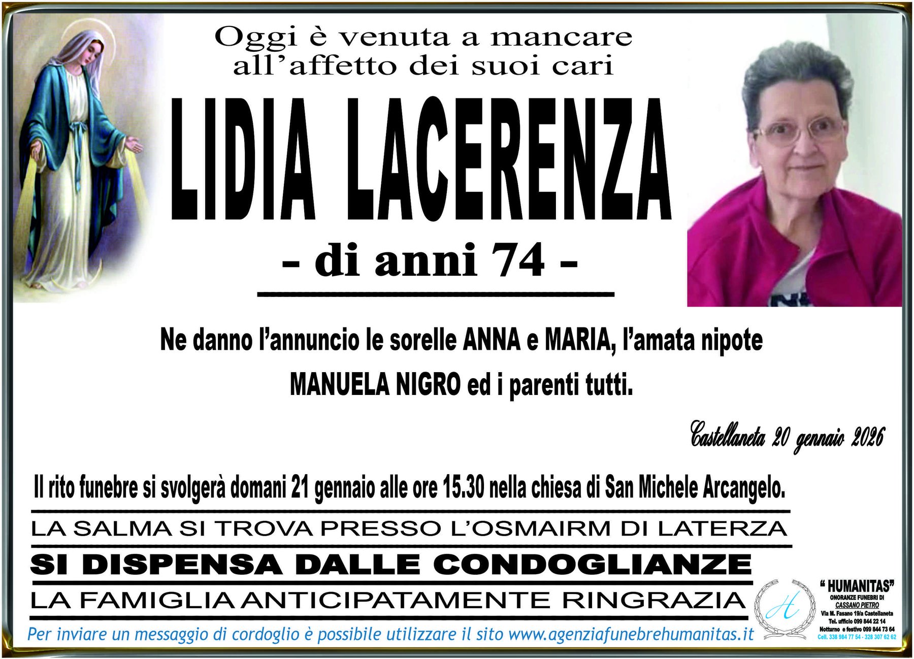 Manifesto funebre di Lidia Lacerenza