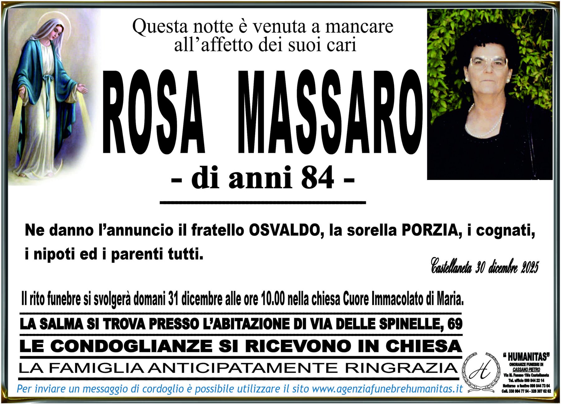 Manifesto funebre di Rosa Massaro