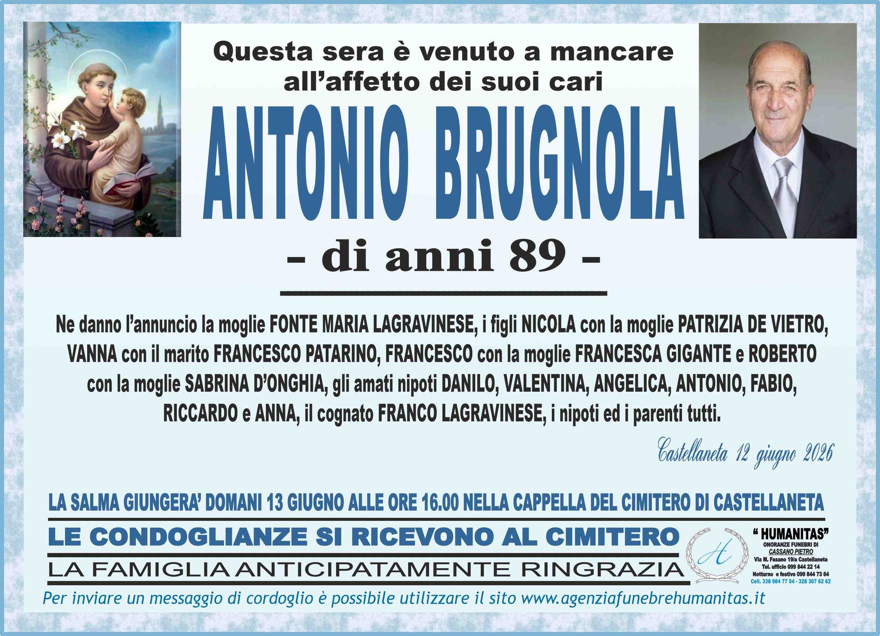 Manifesto funebre di Antonio Brugnola