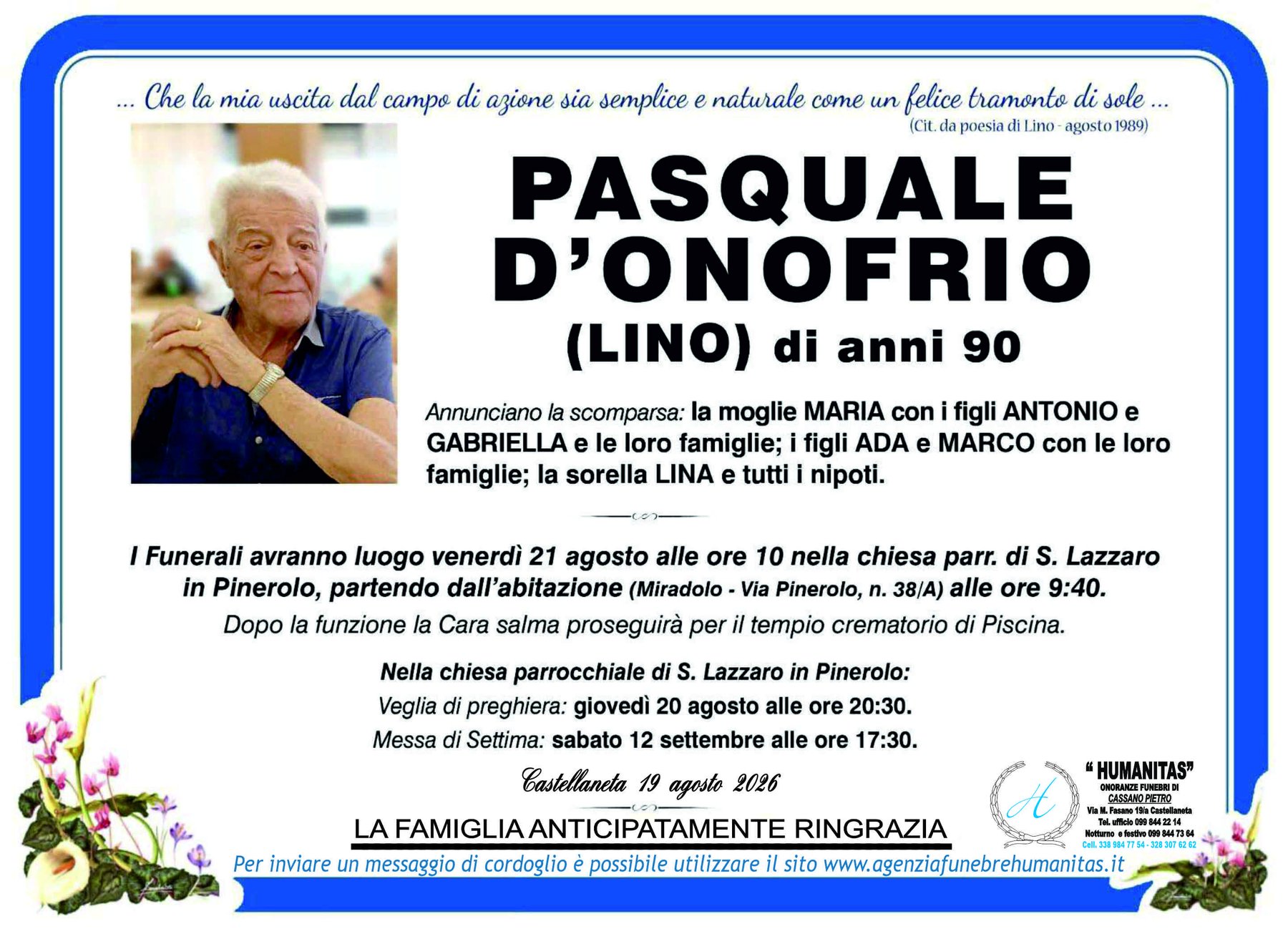 Manifesto funebre di Pasquale D'Onofrio