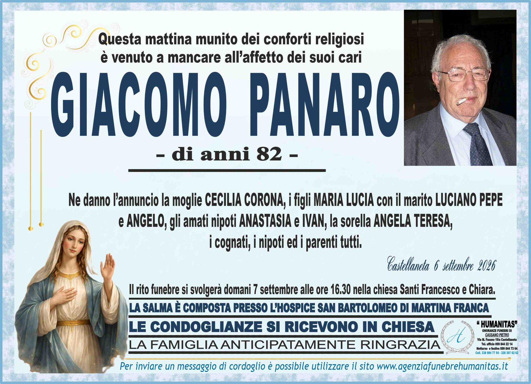 Manifesto funebre di Giacomo Panaro