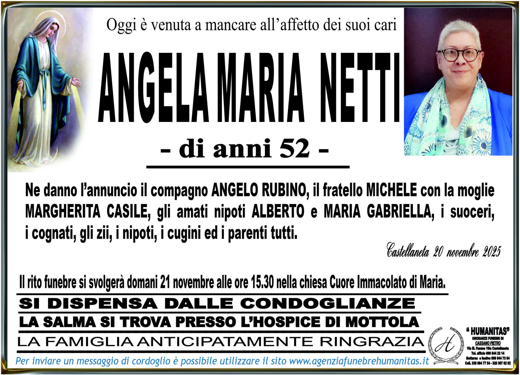 Manifesto funebre di Angela Maria Netti
