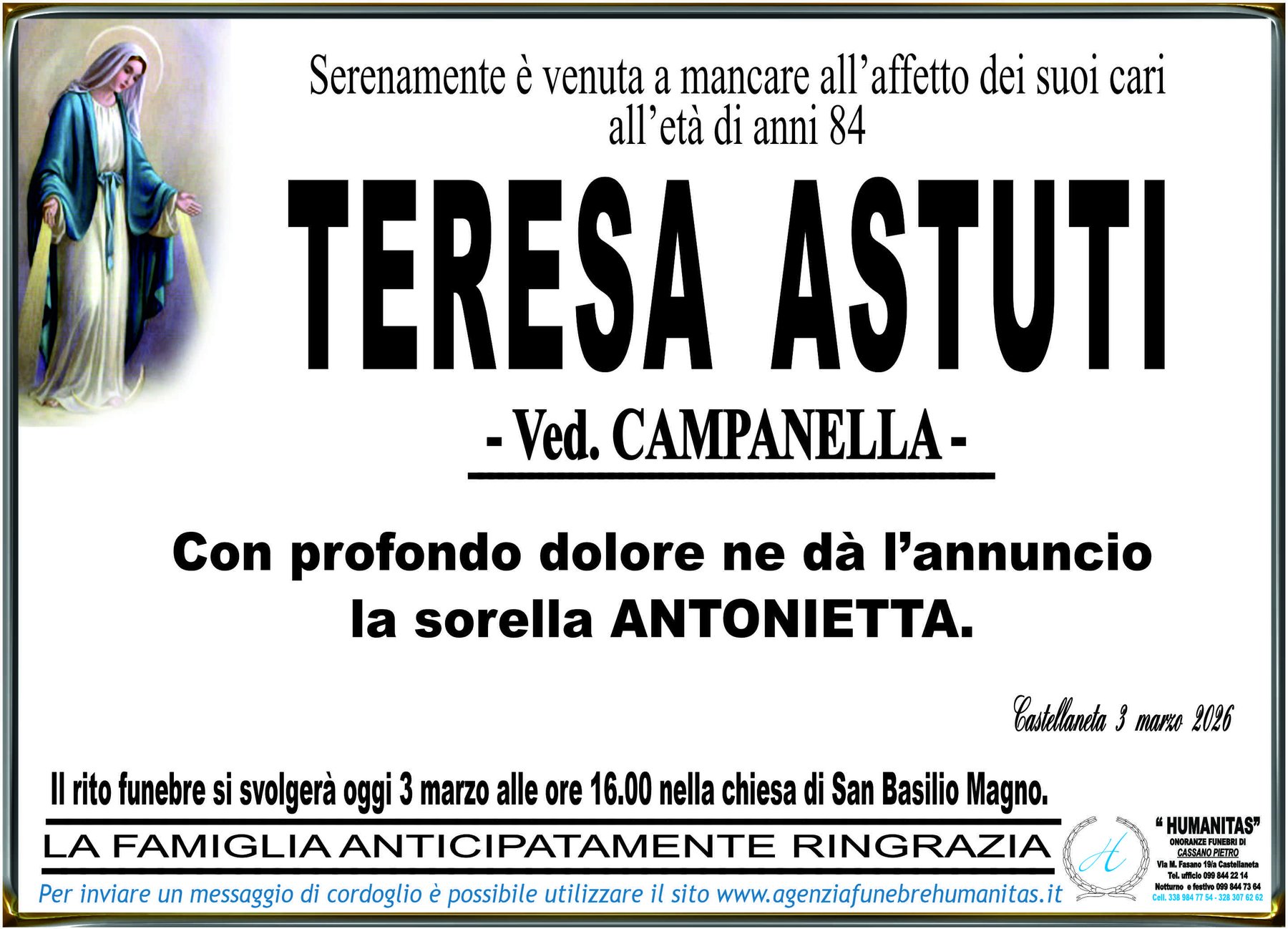 Manifesto funebre di Teresa Astuti